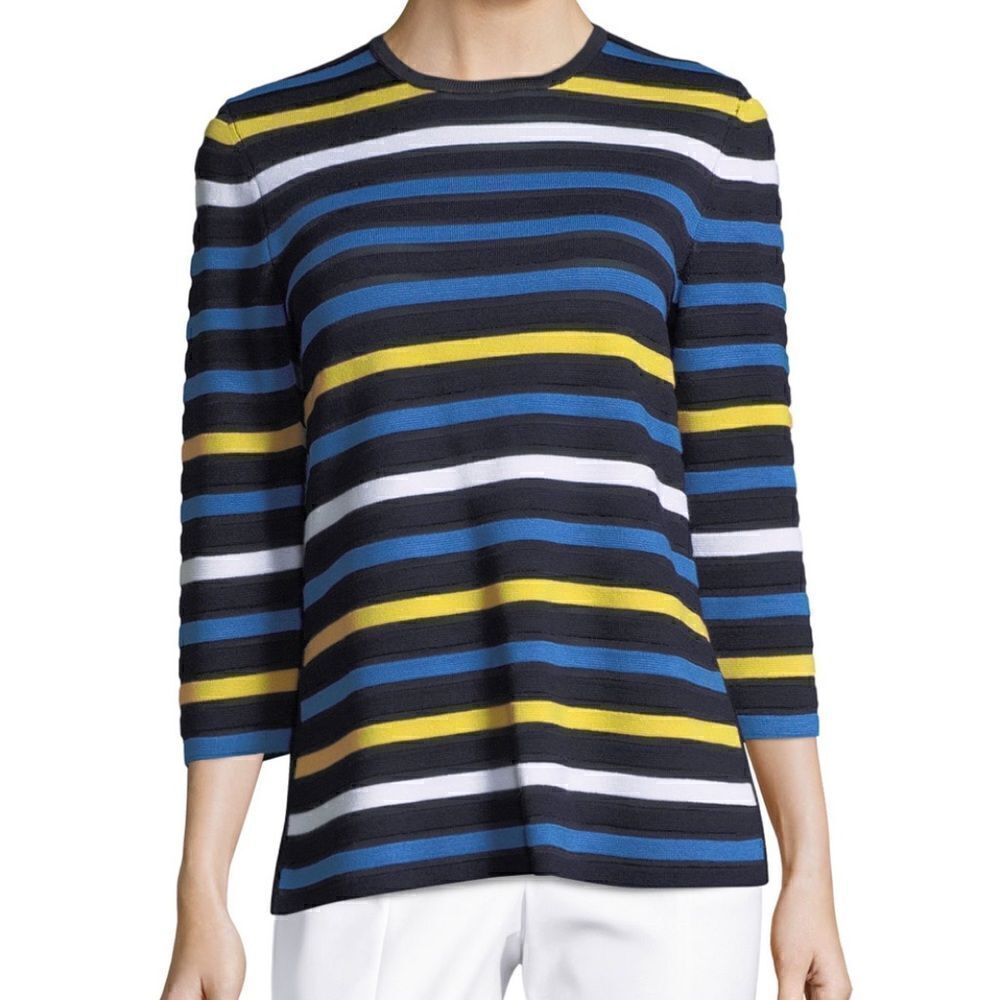 St. John Blue and Yellow Striped Knit Side Slit Sweater - L